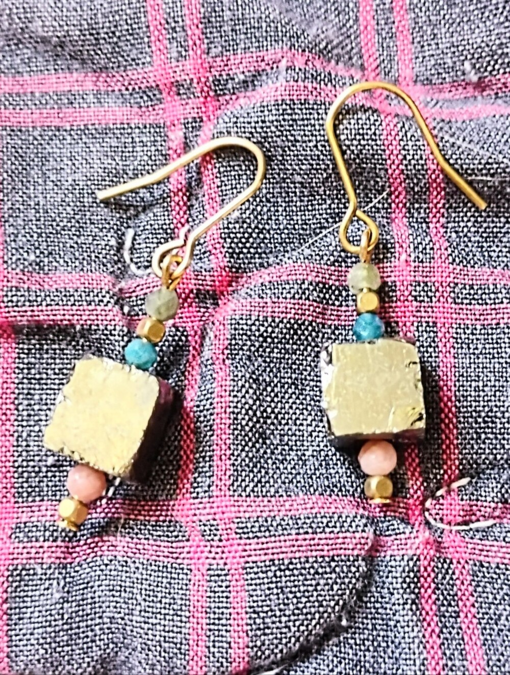 Tiny Pyrite Cube and Gemstone Handmade Earrings